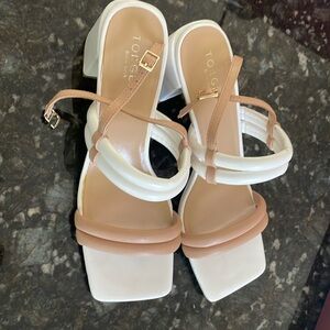 White and tan block heel sandals